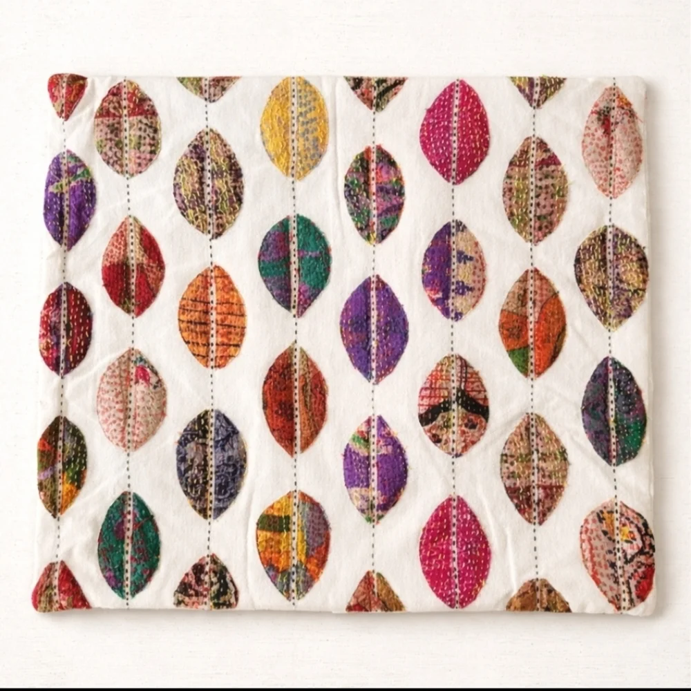 Handprint Pondicherri Kantha Leaf Pillow Covers – Set of 3 – Artisan Made India